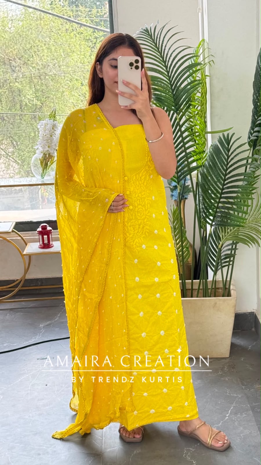 Premium Cotton Yellow Colour Bandhni Print Chikankari Detailing Unstitched Suit With Chiffon Dupatta
