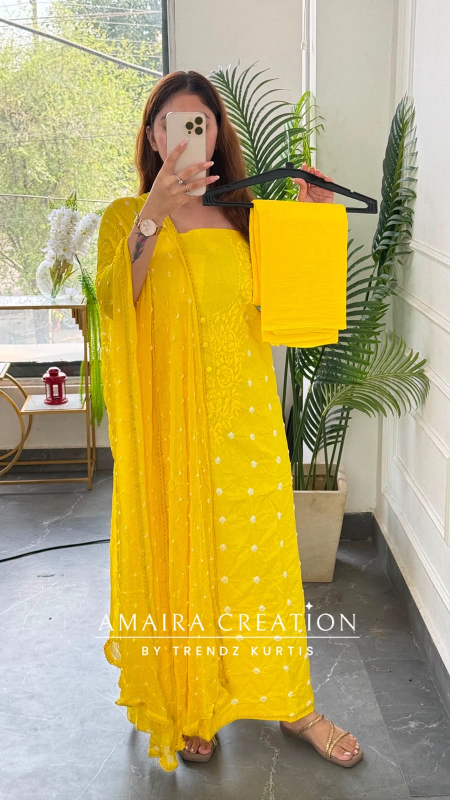 Premium Cotton Yellow Colour Bandhni Print Chikankari Detailing Unstitched Suit With Chiffon Dupatta