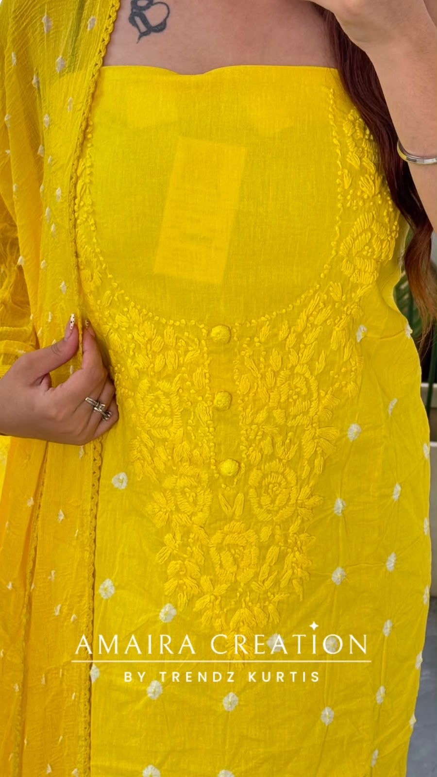 Premium Cotton Yellow Colour Bandhni Print Chikankari Detailing Unstitched Suit With Chiffon Dupatta