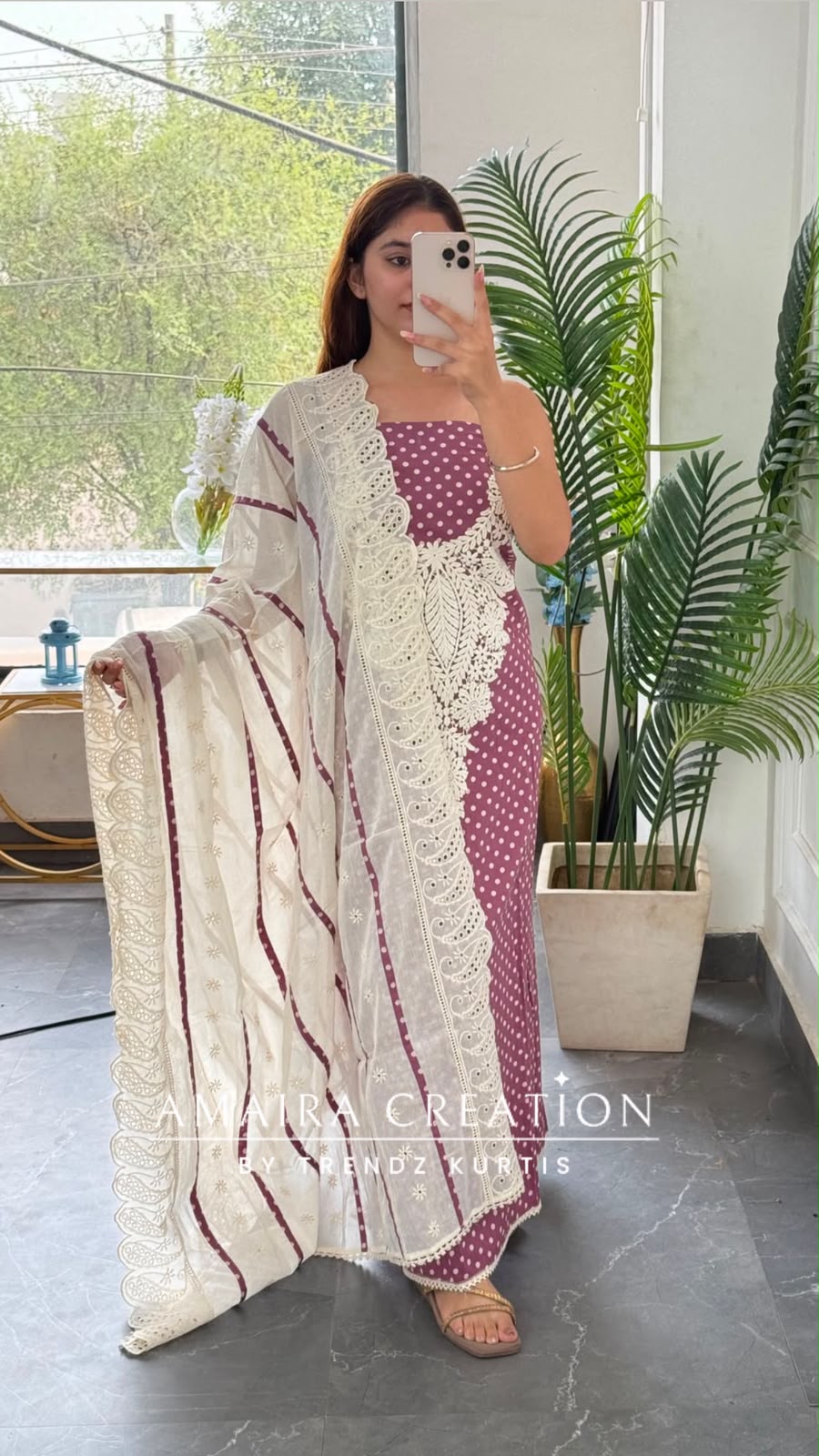 Premium Cotton Polka Dot Pattern Mauve Colour Unstitched Suit With Chikan Bottom N Chikan Dupatta