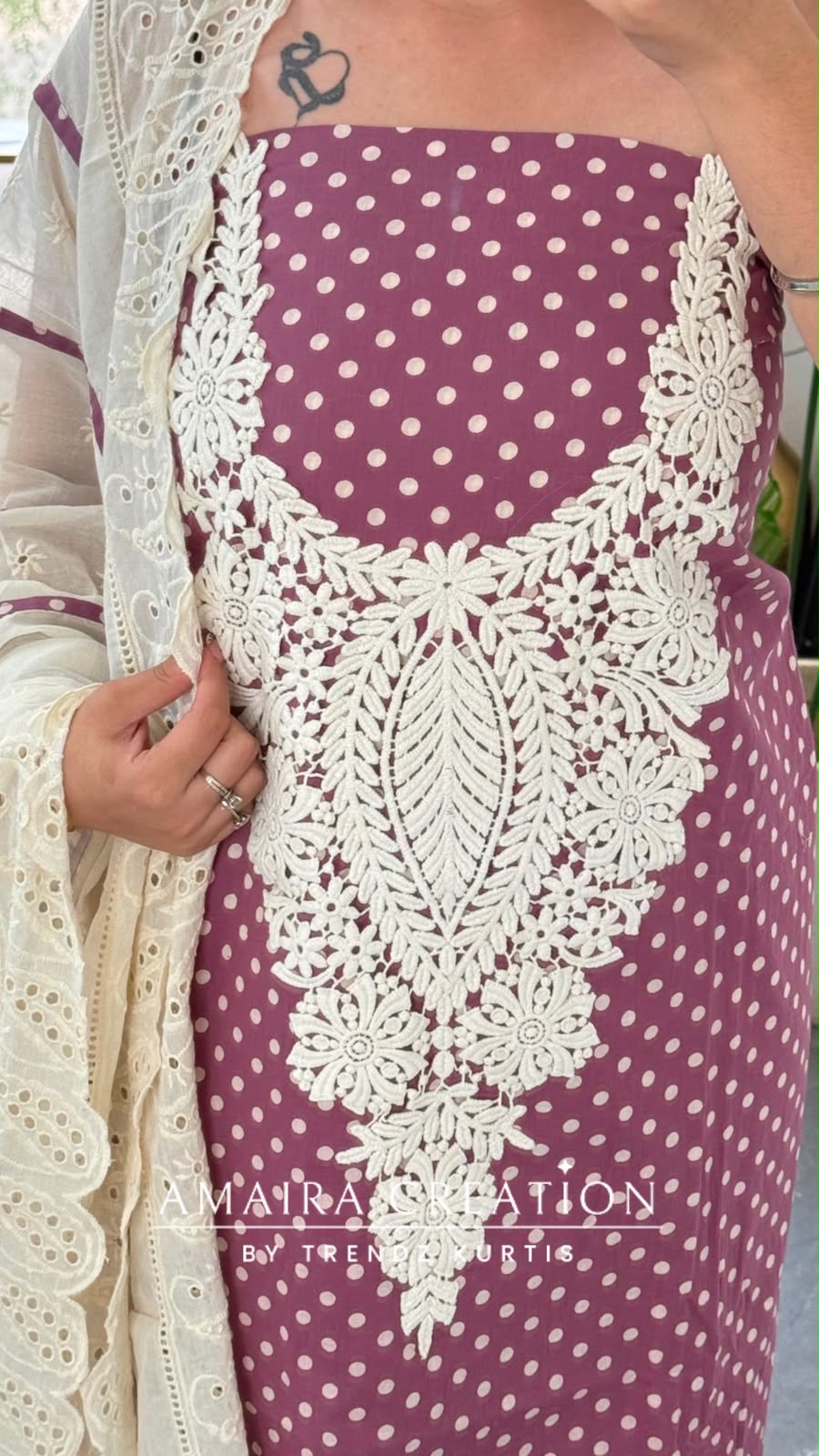 Premium Cotton Polka Dot Pattern Mauve Colour Unstitched Suit With Chikan Bottom N Chikan Dupatta