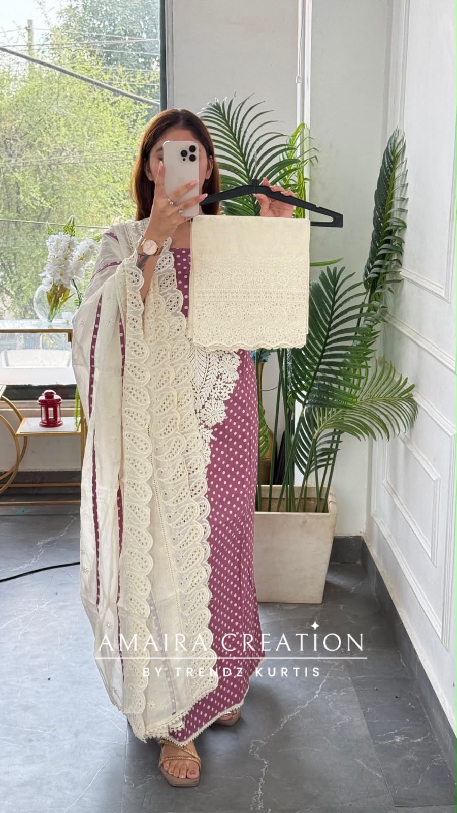 Premium Cotton Polka Dot Pattern Mauve Colour Unstitched Suit With Chikan Bottom N Chikan Dupatta