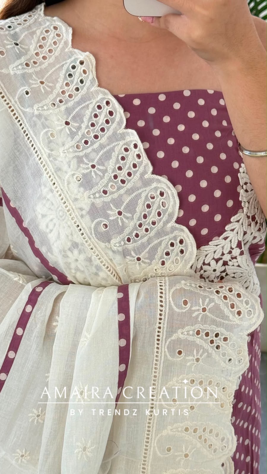 Premium Cotton Polka Dot Pattern Mauve Colour Unstitched Suit With Chikan Bottom N Chikan Dupatta