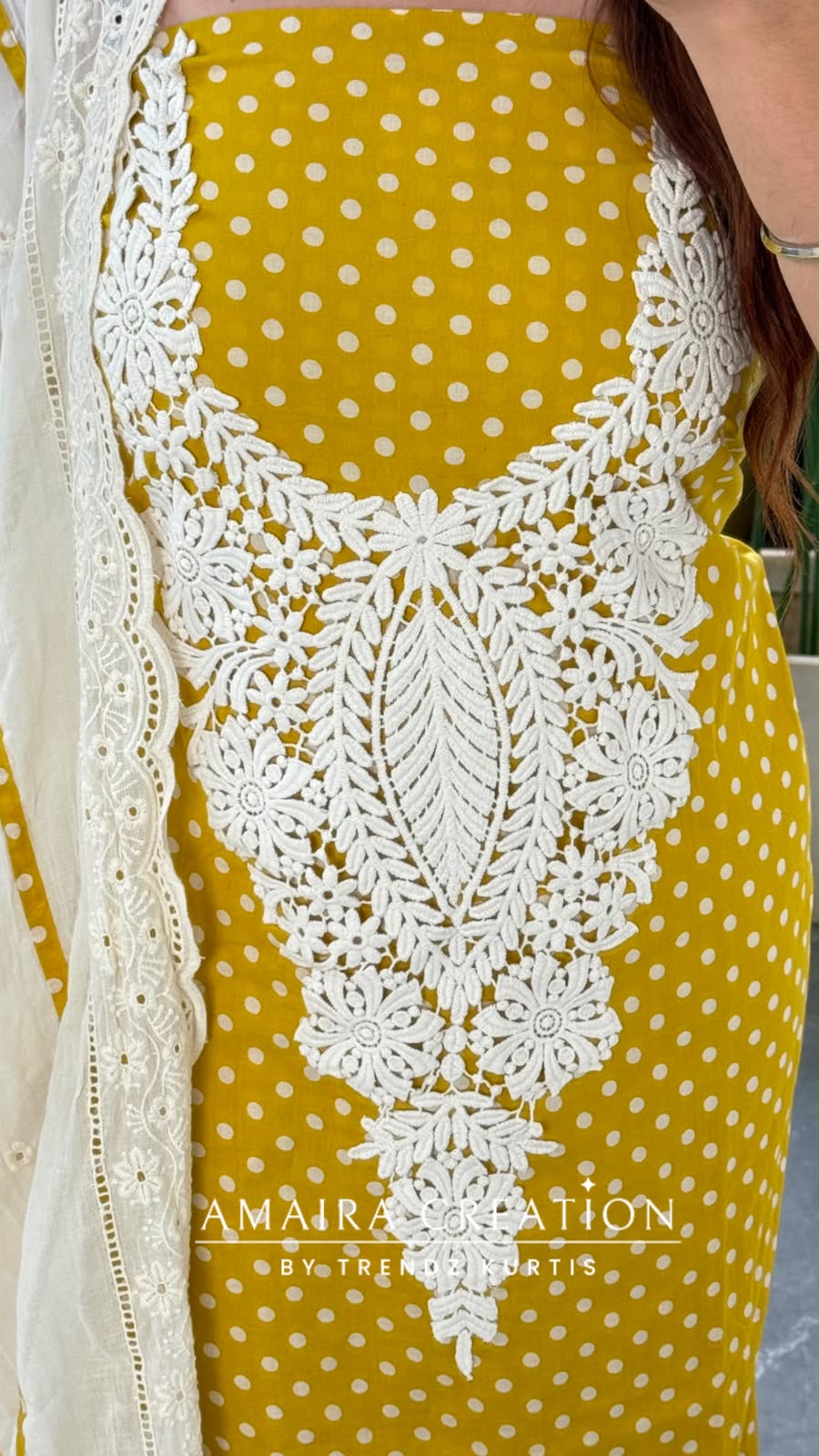 Premium Cotton Polka Dot Pattern Mustard Colour Unstitched Suit With Chikan Bottom N Chikan Dupatta