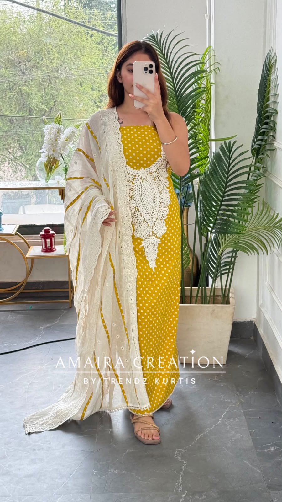 Premium Cotton Polka Dot Pattern Mustard Colour Unstitched Suit With Chikan Bottom N Chikan Dupatta