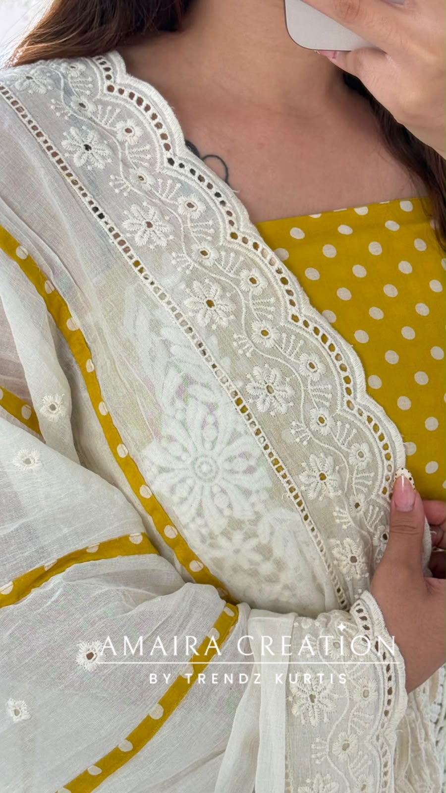 Premium Cotton Polka Dot Pattern Mustard Colour Unstitched Suit With Chikan Bottom N Chikan Dupatta
