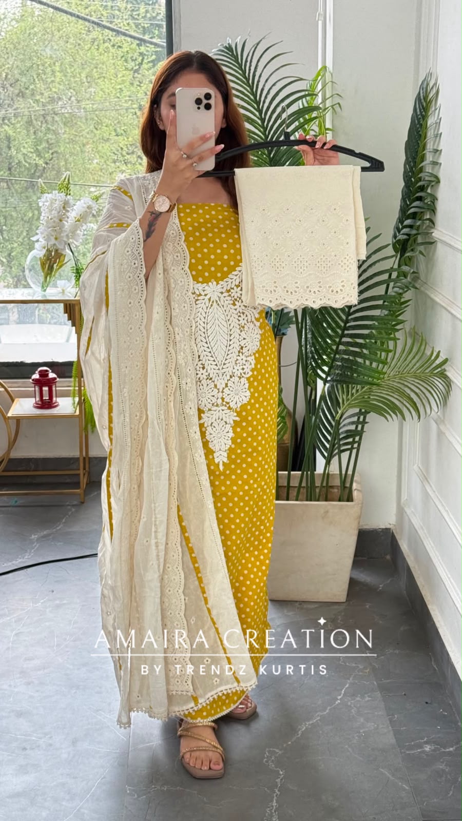 Premium Cotton Polka Dot Pattern Mustard Colour Unstitched Suit With Chikan Bottom N Chikan Dupatta