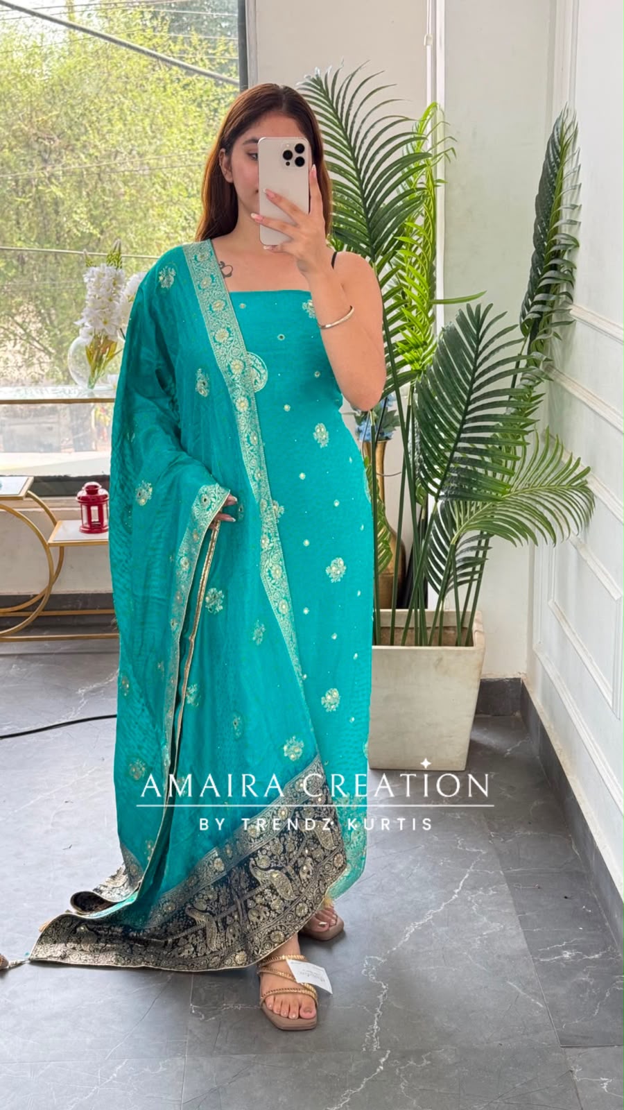 Premium Silk Firozi Colour Unstitched Suit With Beautiful Dual Shade Banarasi Silk Dupatta