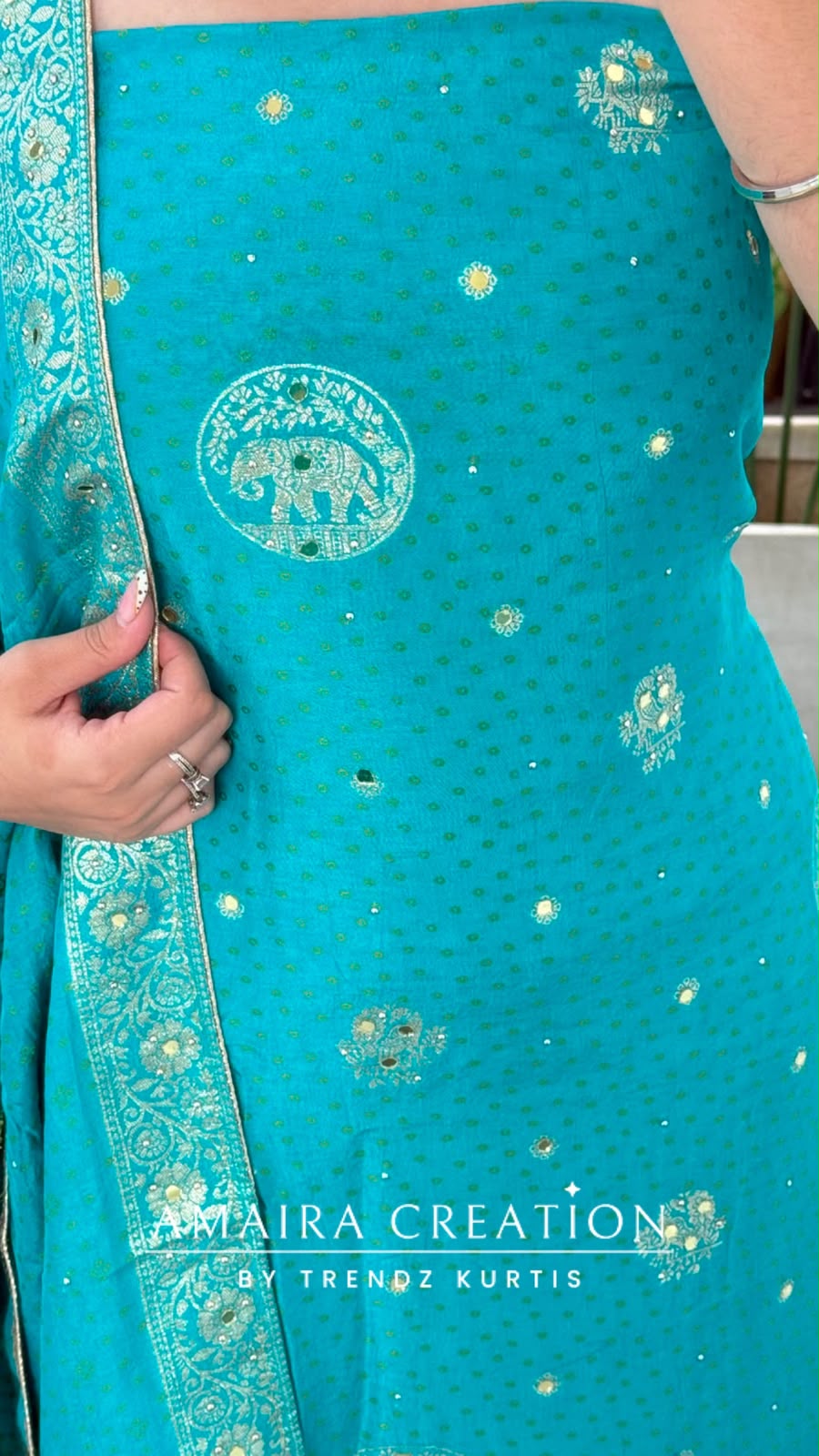Premium Silk Firozi Colour Unstitched Suit With Beautiful Dual Shade Banarasi Silk Dupatta