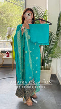 Premium Silk Firozi Colour Unstitched Suit With Beautiful Dual Shade Banarasi Silk Dupatta