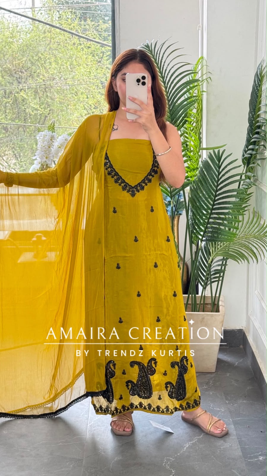 Premium Organza Mustard Green Colour Unstitched Suit With Black Colour BeadWork work & Chiffon Dupatta