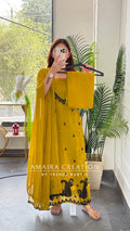 Premium Organza Mustard Green Colour Unstitched Suit With Black Colour BeadWork work & Chiffon Dupatta