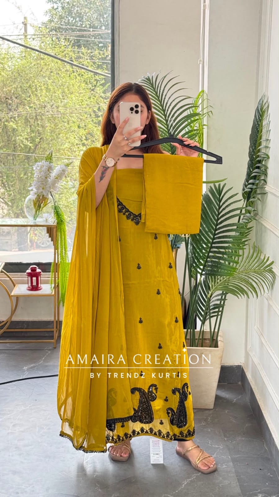 Premium Organza Mustard Green Colour Unstitched Suit With Black Colour BeadWork work & Chiffon Dupatta