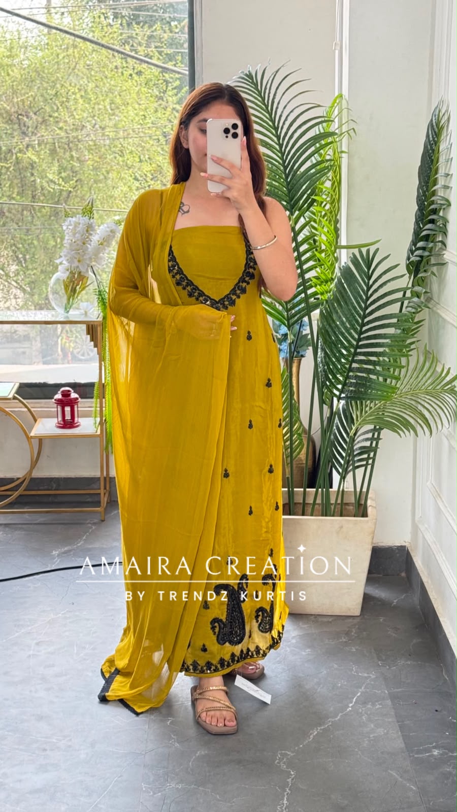 Premium Organza Mustard Green Colour Unstitched Suit With Black Colour BeadWork work & Chiffon Dupatta
