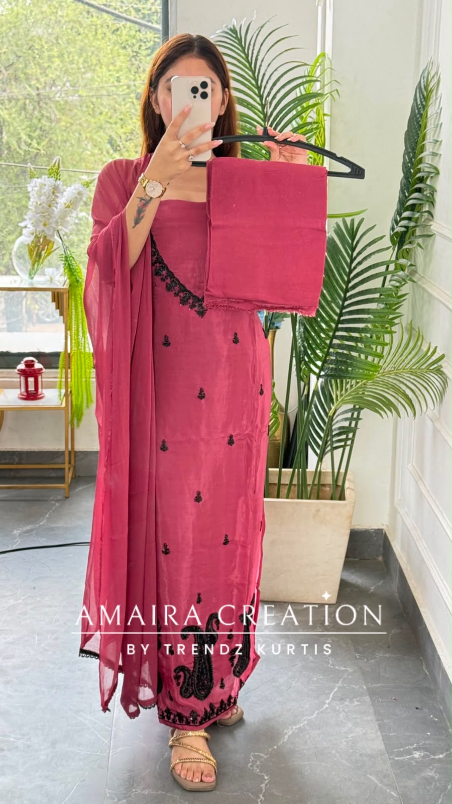 Premium Organza Dark Peach Colour Unstitched Suit With Black Colour BeadWork work & Chiffon Dupatta