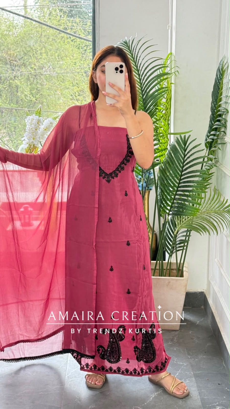 Premium Organza Dark Peach Colour Unstitched Suit With Black Colour BeadWork work & Chiffon Dupatta