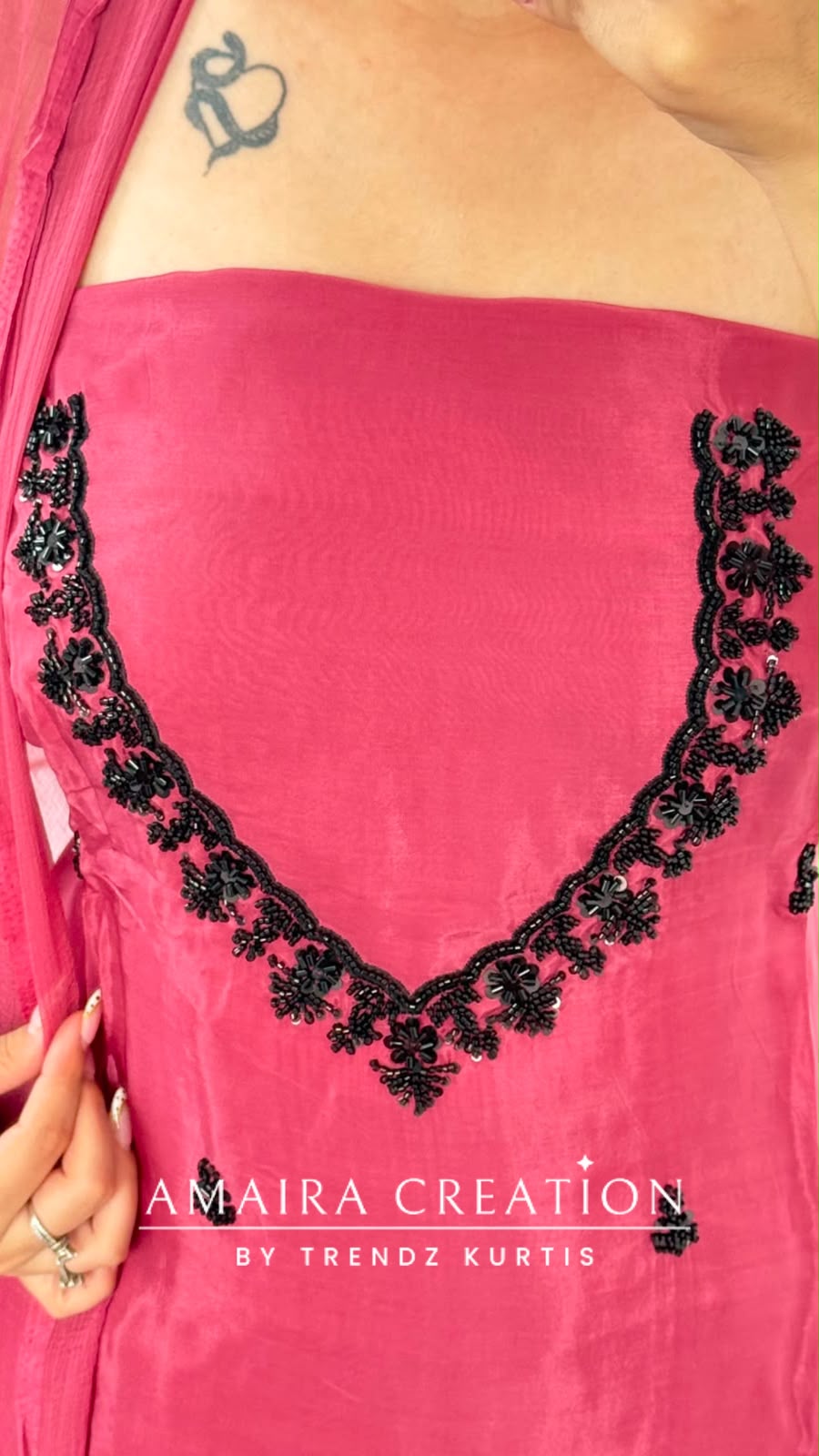 Premium Organza Dark Peach Colour Unstitched Suit With Black Colour BeadWork work & Chiffon Dupatta