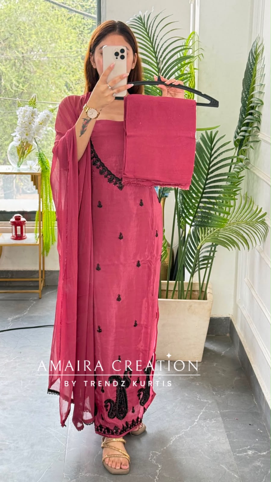 Premium Organza Dark Peach Colour Unstitched Suit With Black Colour BeadWork work & Chiffon Dupatta