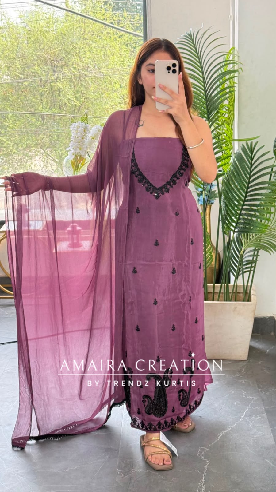 Premium Organza Jamun Colour Unstitched Suit With Black Colour BeadWork work & Chiffon Dupatta