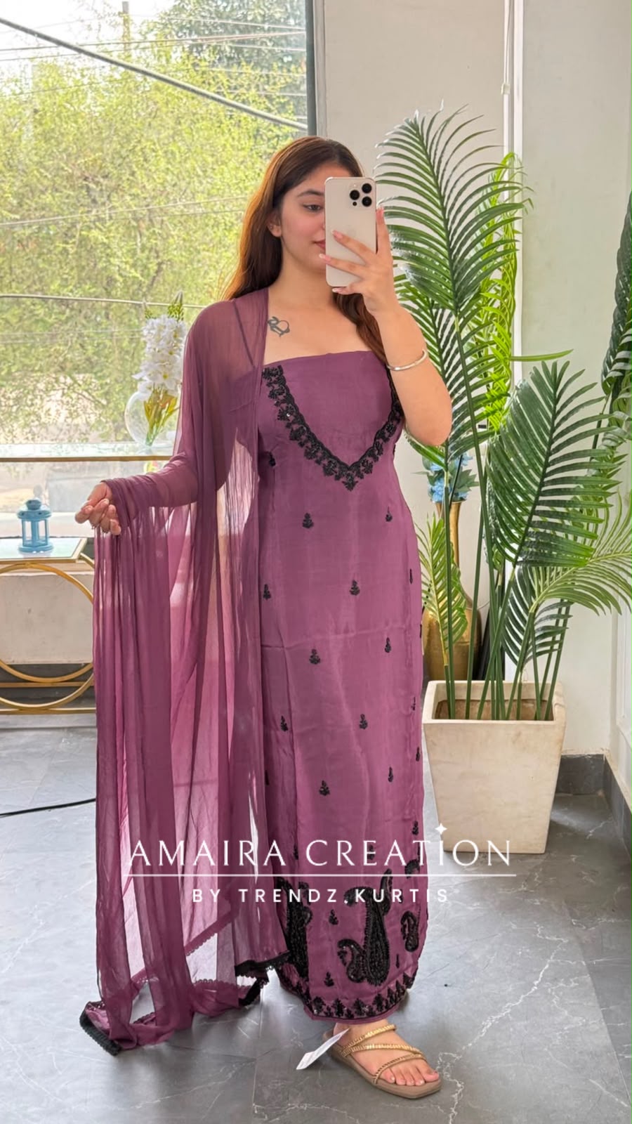 Premium Organza Jamun Colour Unstitched Suit With Black Colour BeadWork work & Chiffon Dupatta