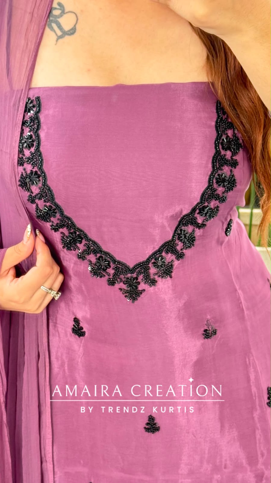 Premium Organza Jamun Colour Unstitched Suit With Black Colour BeadWork work & Chiffon Dupatta