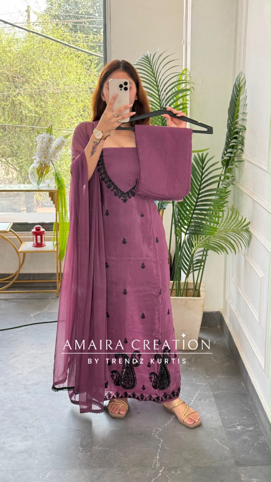 Premium Organza Jamun Colour Unstitched Suit With Black Colour BeadWork work & Chiffon Dupatta