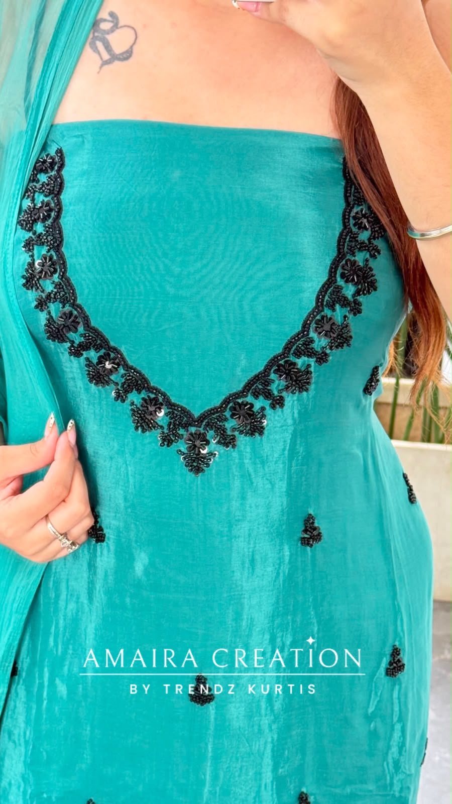 Premium Organza Turquoise Colour Unstitched Suit With Black Colour BeadWork work & Chiffon Dupatta