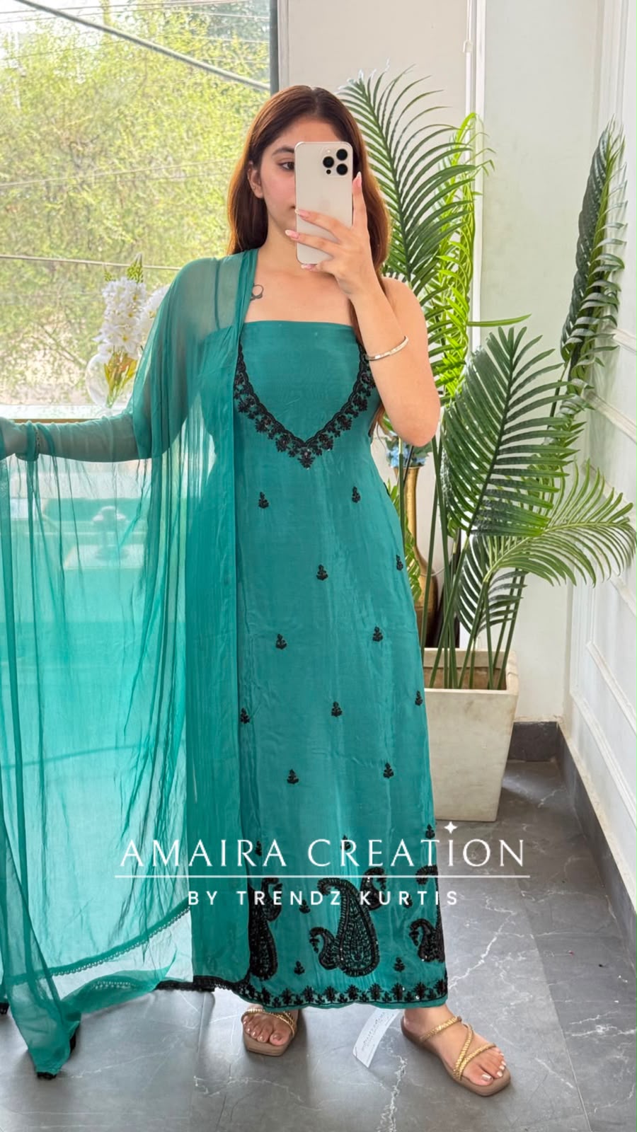 Premium Organza Turquoise Colour Unstitched Suit With Black Colour BeadWork work & Chiffon Dupatta