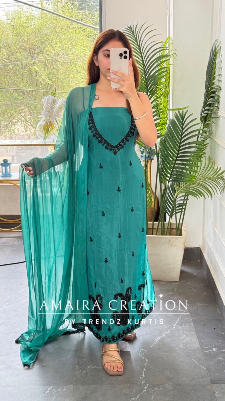 Premium Organza Turquoise Colour Unstitched Suit With Black Colour BeadWork work & Chiffon Dupatta