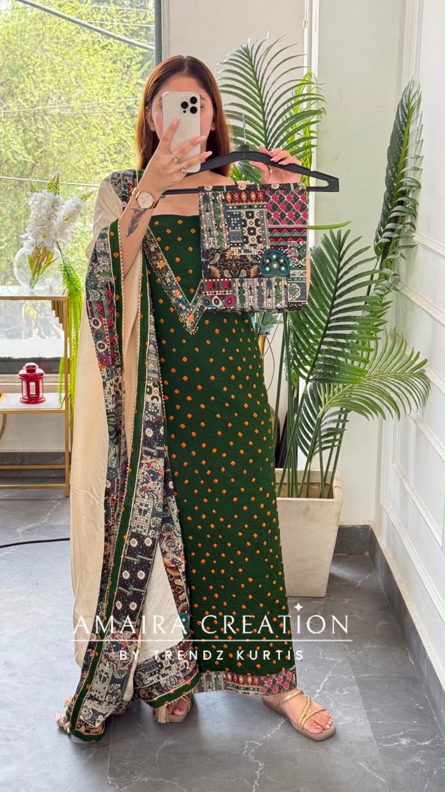 Premium Cotton Dark Green Colour Bandhni Print Unstitched Suit With Printed Bottom & Muslin Dupatta