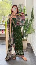 Premium Cotton Dark Green Colour Bandhni Print Unstitched Suit With Printed Bottom & Muslin Dupatta