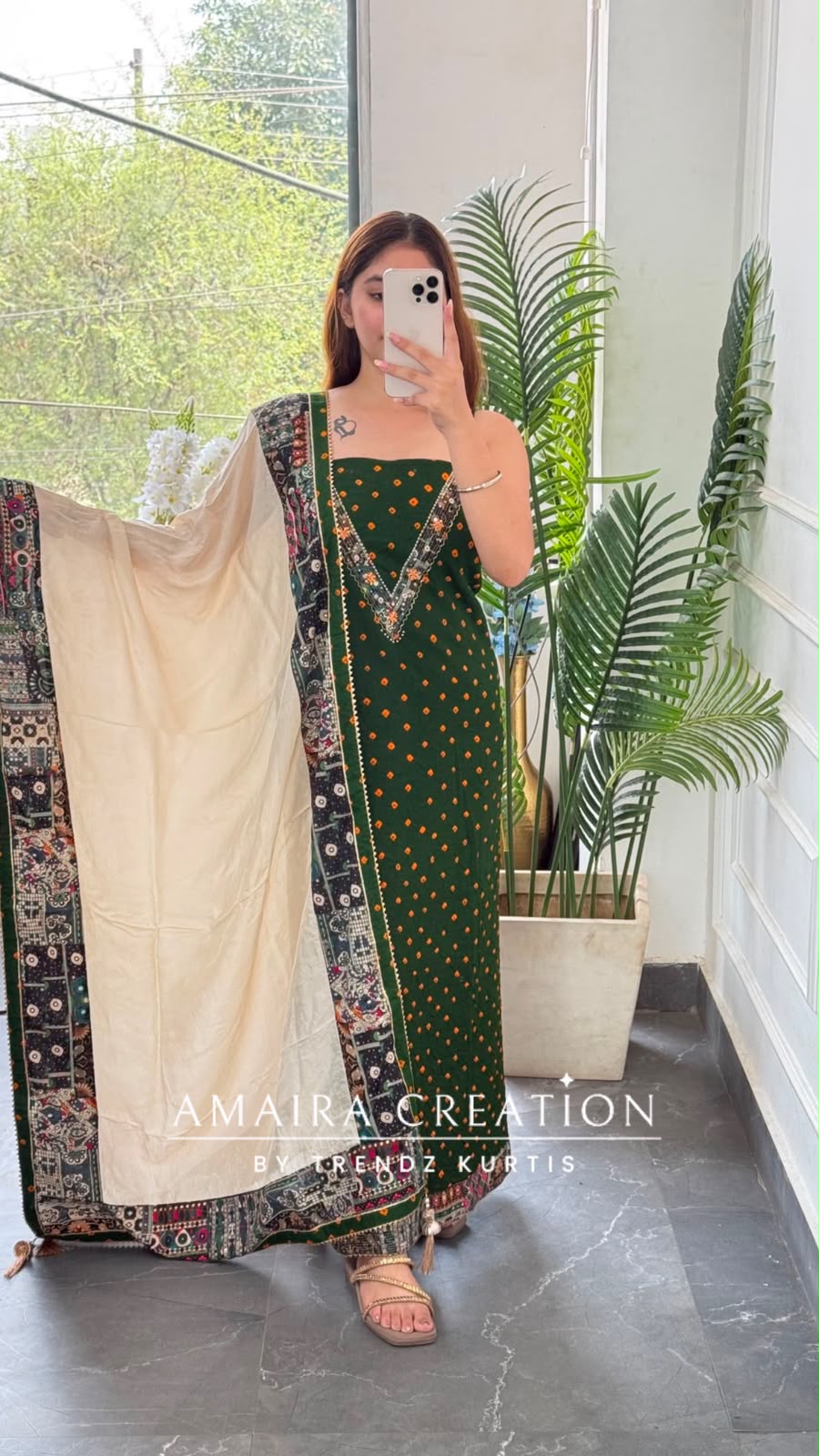 Premium Cotton Dark Green Colour Bandhni Print Unstitched Suit With Printed Bottom & Muslin Dupatta