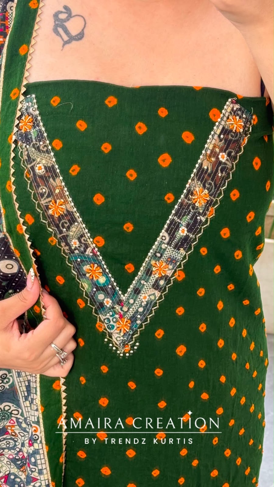 Premium Cotton Dark Green Colour Bandhni Print Unstitched Suit With Printed Bottom & Muslin Dupatta