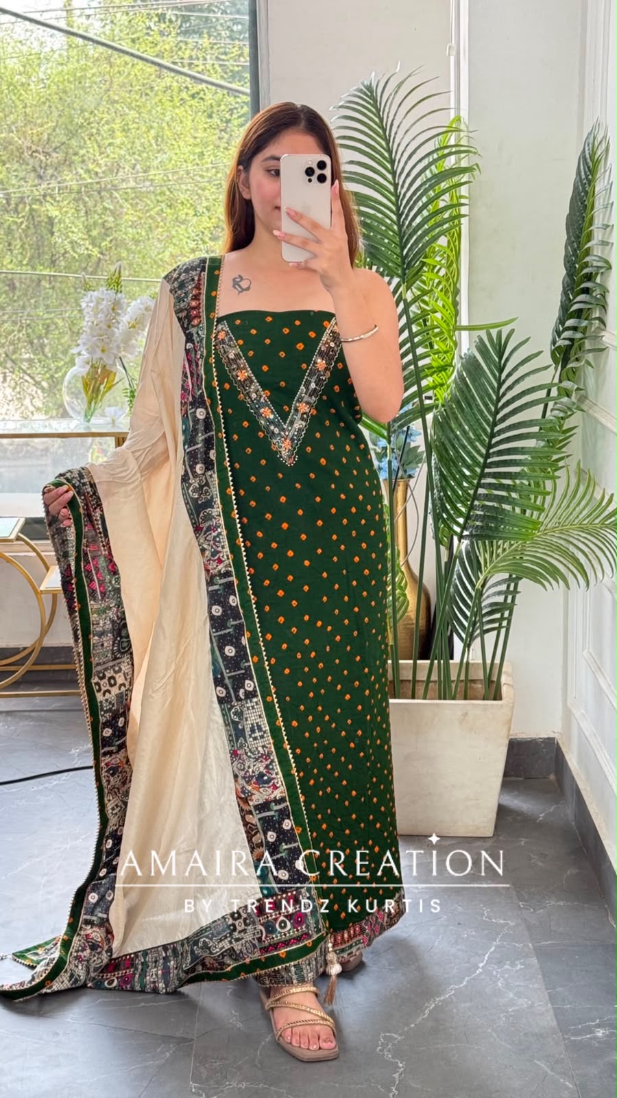 Premium Cotton Dark Green Colour Bandhni Print Unstitched Suit With Printed Bottom & Muslin Dupatta