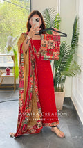 Premium Cotton Red Colour Bandhni Print Unstitched Suit With Printed Bottom & Muslin Dupatta