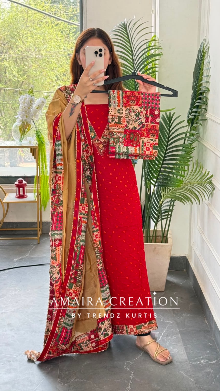 Premium Cotton Red Colour Bandhni Print Unstitched Suit With Printed Bottom & Muslin Dupatta