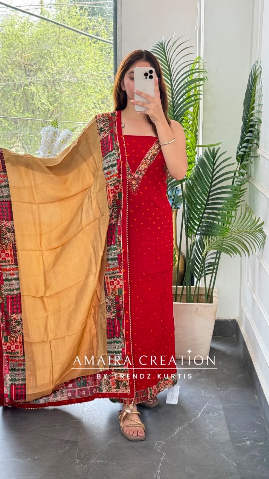 Premium Cotton Red Colour Bandhni Print Unstitched Suit With Printed Bottom & Muslin Dupatta