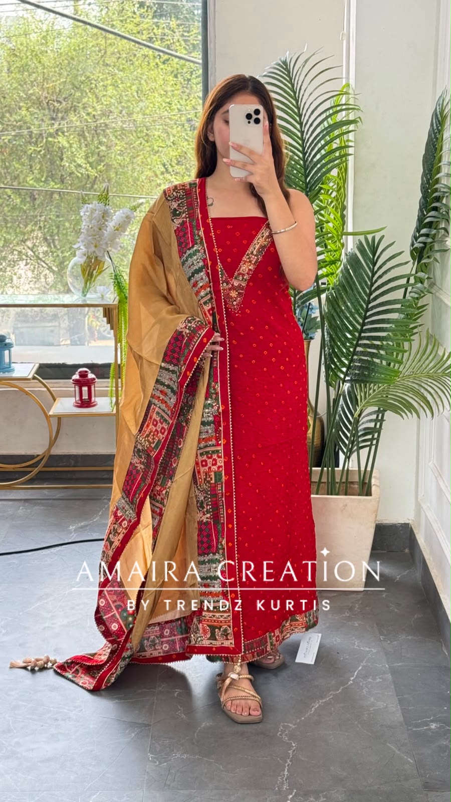 Premium Cotton Red Colour Bandhni Print Unstitched Suit With Printed Bottom & Muslin Dupatta