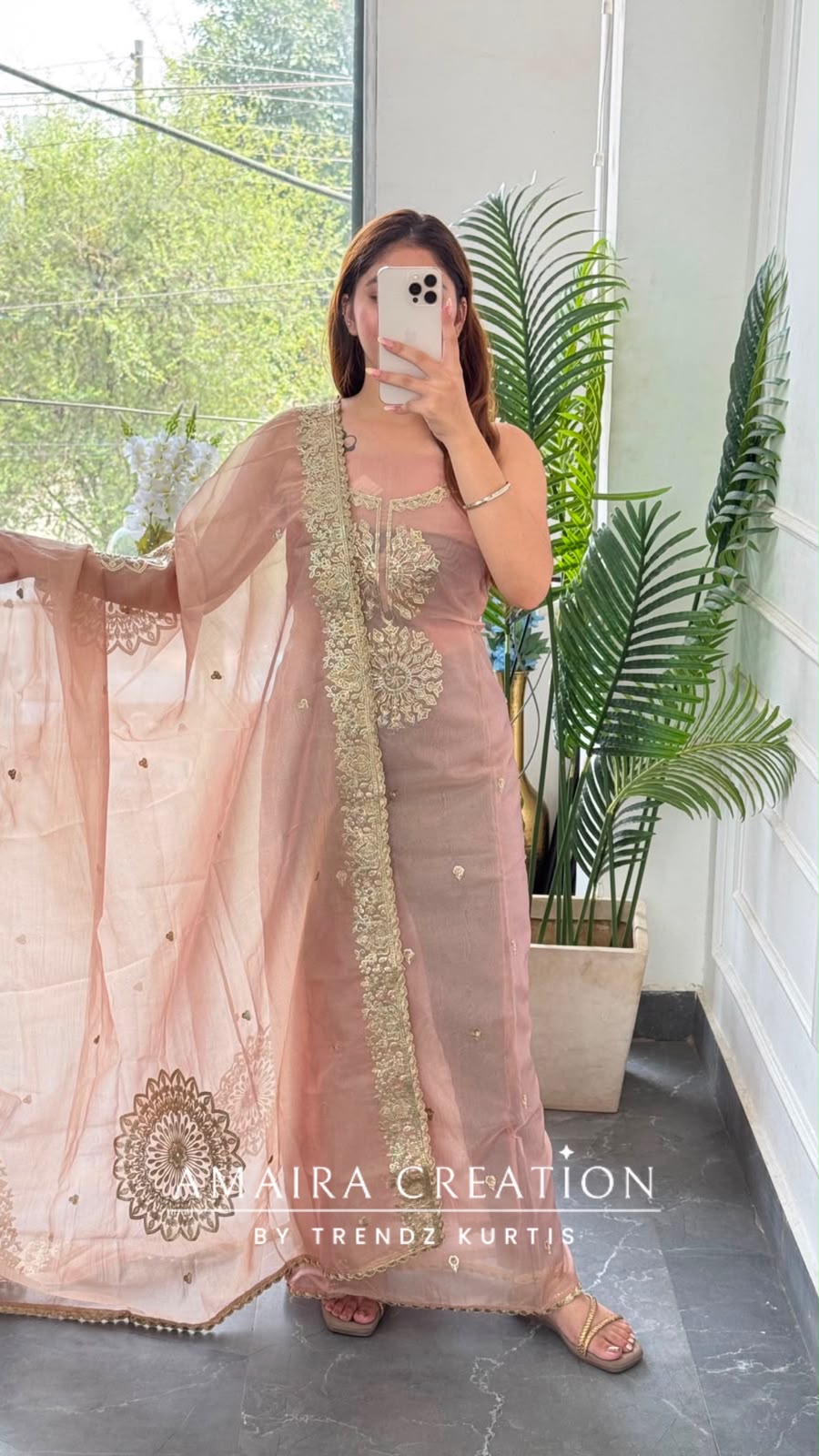 Premium Tissue Organza Peach Colour Unstitched Suit With Beautiful Zari Work Dupatta