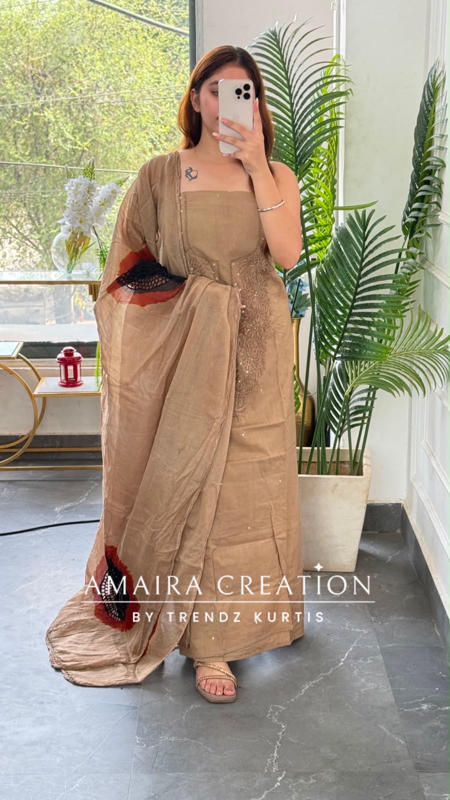 Premium Cotton Beige Black Colour Chikan Work Detailing Unstitched Suit With Bandhni Print Bottom & Beautiful Dupatta