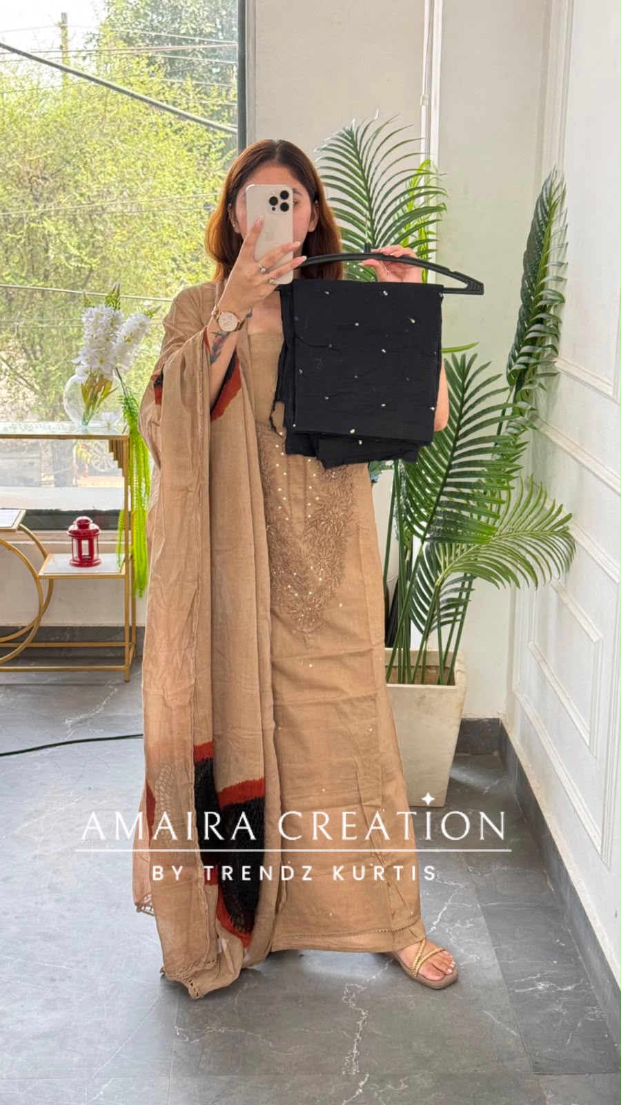 Premium Cotton Beige Black Colour Chikan Work Detailing Unstitched Suit With Bandhni Print Bottom & Beautiful Dupatta