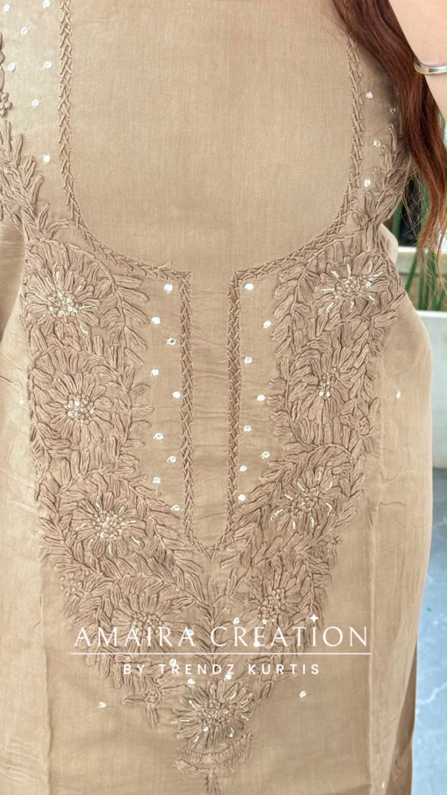 Premium Cotton Beige Black Colour Chikan Work Detailing Unstitched Suit With Bandhni Print Bottom & Beautiful Dupatta