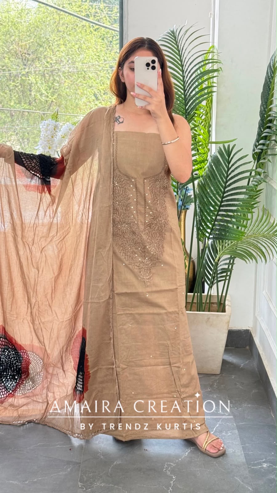 Premium Cotton Beige Black Colour Chikan Work Detailing Unstitched Suit With Bandhni Print Bottom & Beautiful Dupatta