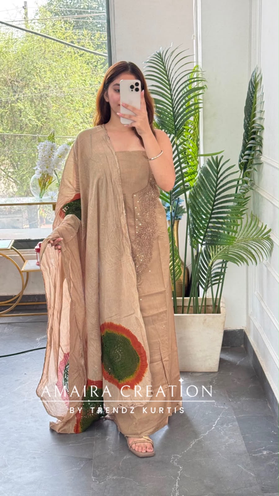 Premium Cotton Beige Mehendi Green Colour Chikan Work Detailing Unstitched Suit With Bandhni Print Bottom & Beautiful Dupatta
