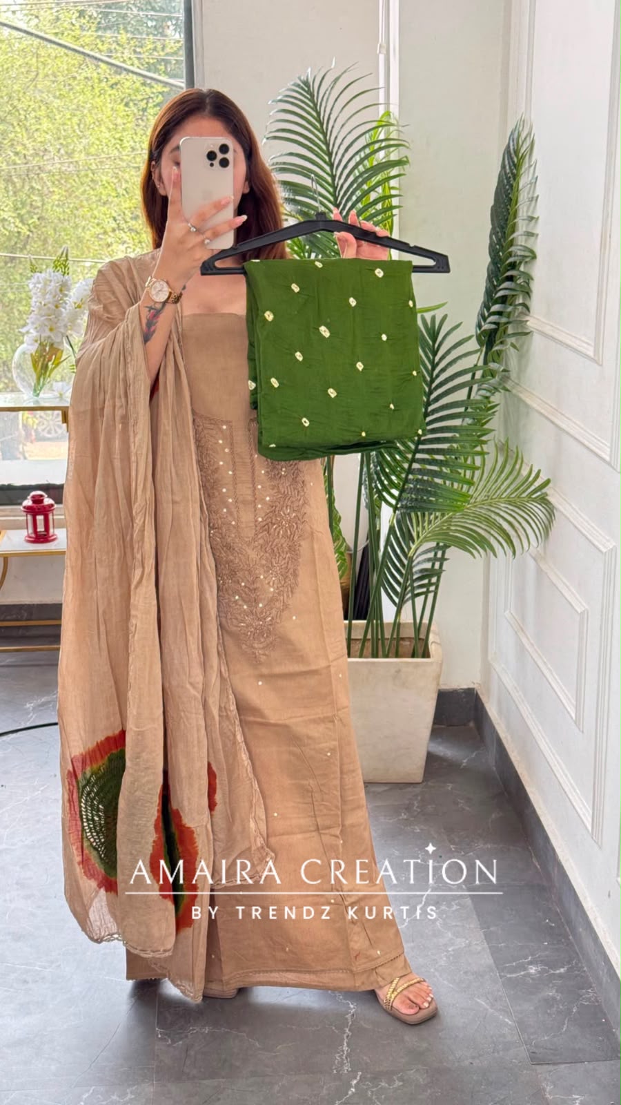 Premium Cotton Beige Mehendi Green Colour Chikan Work Detailing Unstitched Suit With Bandhni Print Bottom & Beautiful Dupatta