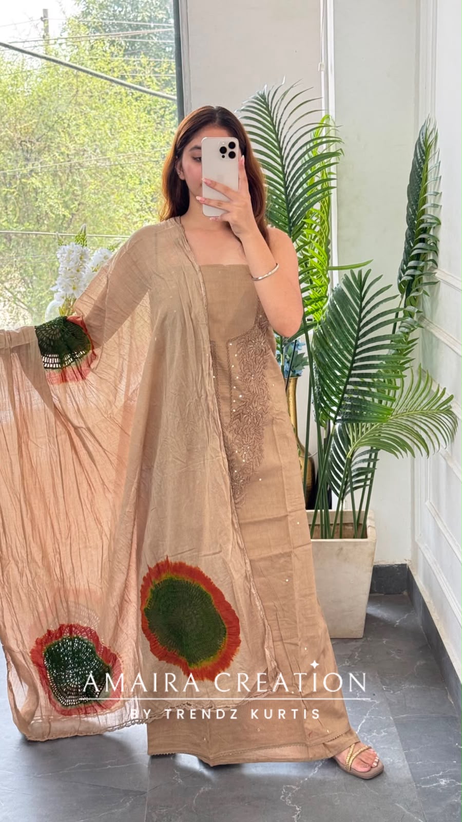 Premium Cotton Beige Mehendi Green Colour Chikan Work Detailing Unstitched Suit With Bandhni Print Bottom & Beautiful Dupatta