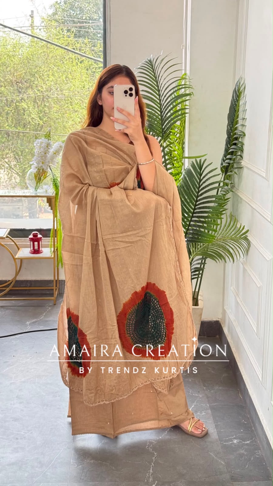 Premium Cotton Beige Dark Green Colour Chikan Work Detailing Unstitched Suit With Bandhni Print Bottom & Beautiful Dupatta