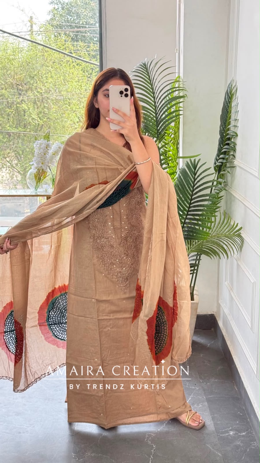 Premium Cotton Beige Dark Green Colour Chikan Work Detailing Unstitched Suit With Bandhni Print Bottom & Beautiful Dupatta