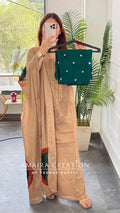 Premium Cotton Beige Dark Green Colour Chikan Work Detailing Unstitched Suit With Bandhni Print Bottom & Beautiful Dupatta