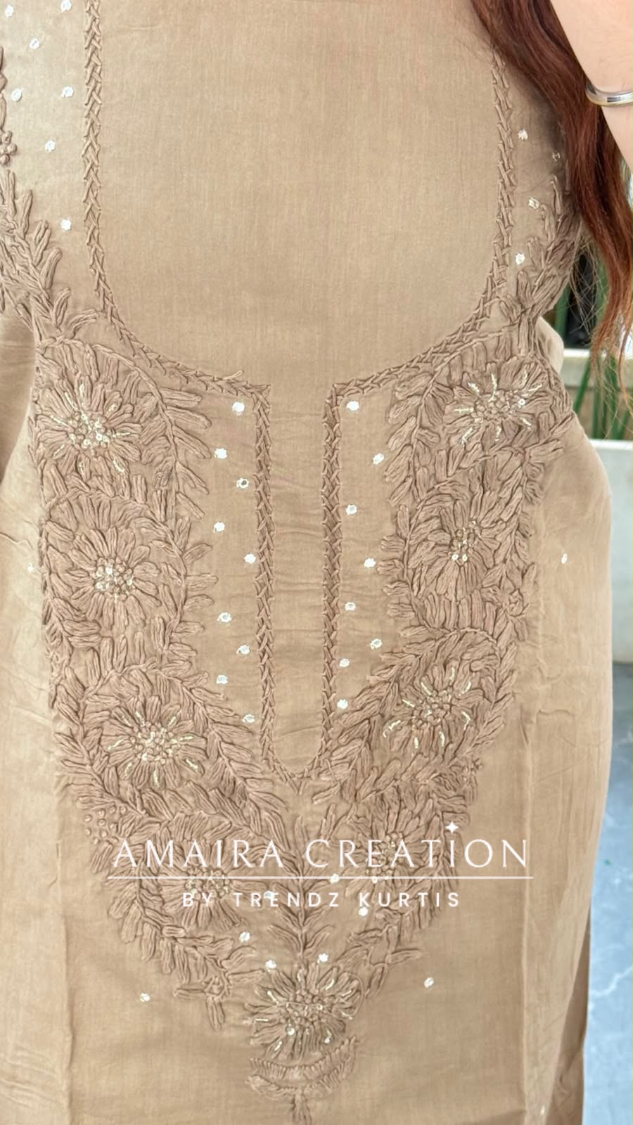 Premium Cotton Beige Dark Green Colour Chikan Work Detailing Unstitched Suit With Bandhni Print Bottom & Beautiful Dupatta